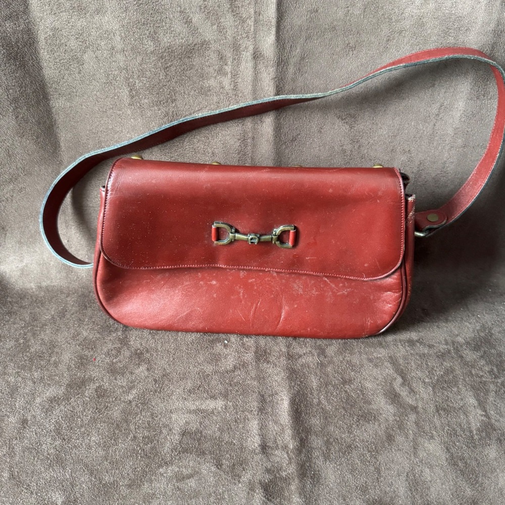 Etienne Aigner Vintage Oxblood Red‎ Leather Horsebit Shoulder Bag Brass Hardware